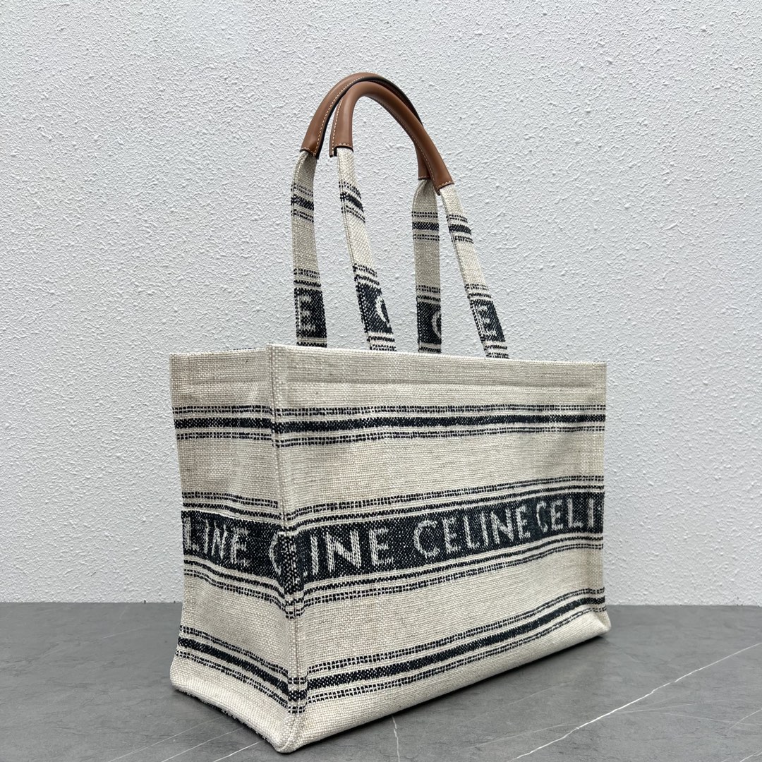 Celine Large Cabas Thais In Striped Textile With Celine Jacquard And Calfskin Cream/Grey 196762